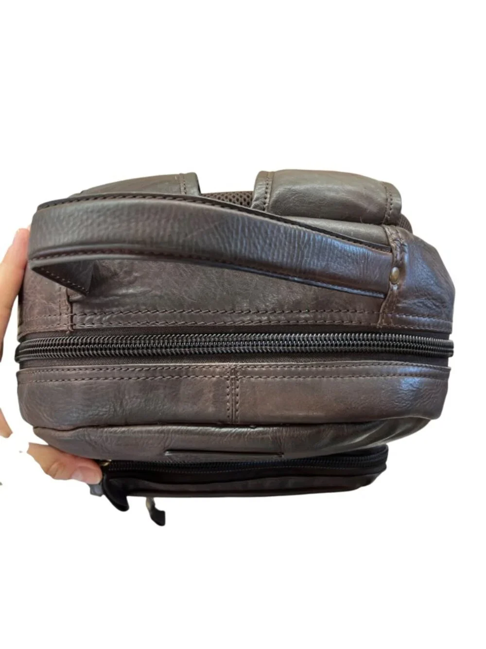 Chaps Leather Backpack Dark Brown Travel Laptop Bag Multi Pocket Rucksack